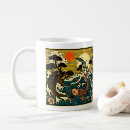 Mug Deux carpes koï motif arbre pin soleil Art en bois