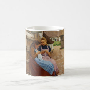 Mug Deux Filles avec Needlework assis dans une ferme