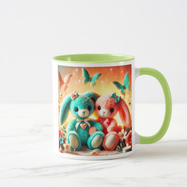 Mug Deux lapins en peluche colorés avec papillons. (Droite)