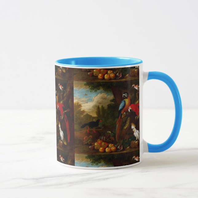 Mug Deux Macaws un Cockatoo et une Jay aux fruits (Droite)