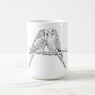 Mug Deux perruches perchées ensemble en noir et blanc