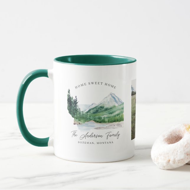 Mug Deux photos | Nom de famille Monogram Montana (Avec donut)