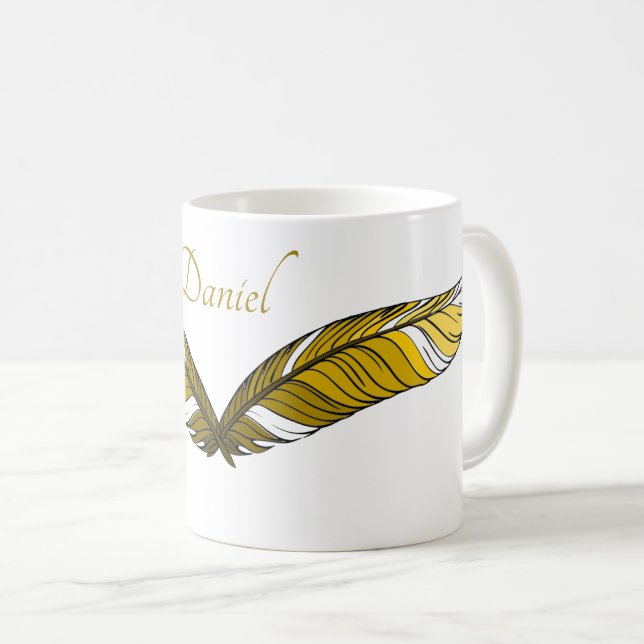 Mug - Deux plumes jaunes et nom (Devant droit)
