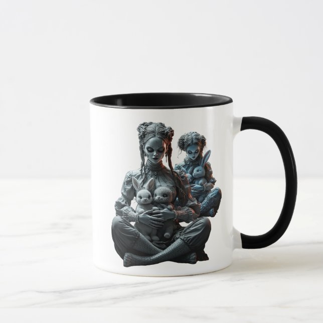Mug Deux poupées câlinent leurs doux lapins. (Droite)