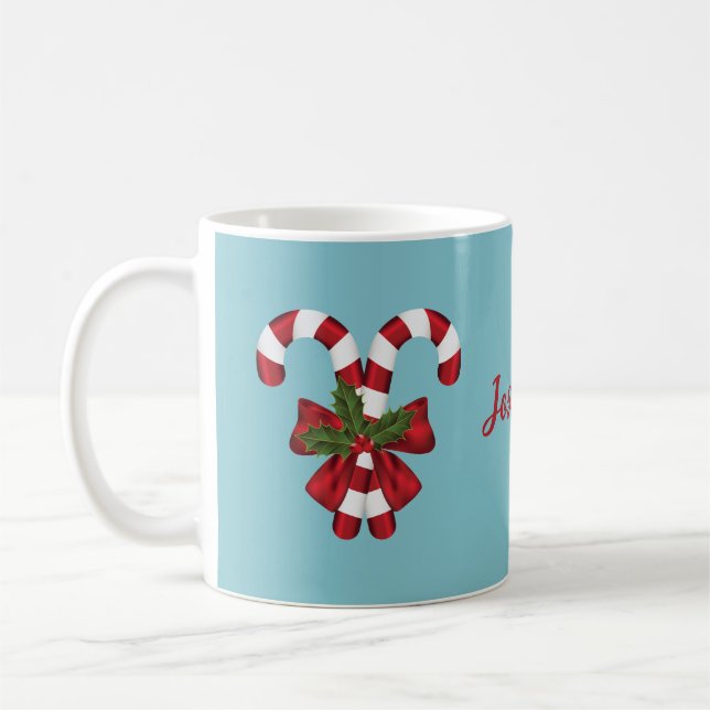 Mug Deux Sucres de canne Rouge Et Blanc Sur Bleu Avec  (Gauche)
