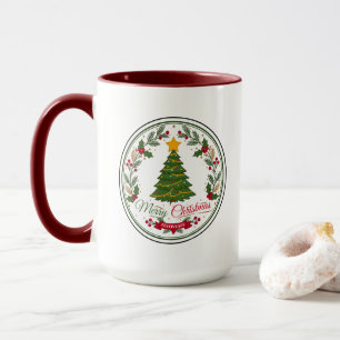 Mug deux tons Rond Badge Arbre de Noël Joyeux