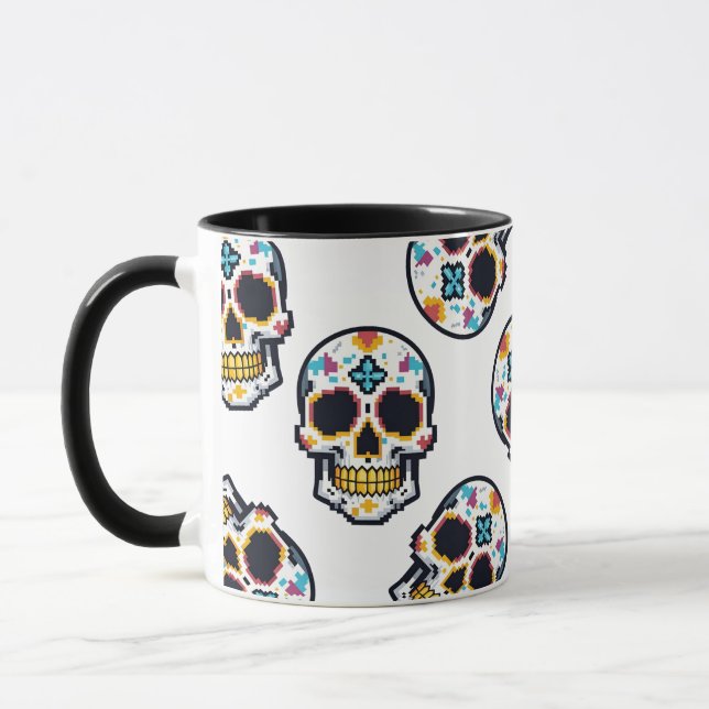 Mug Dia De Los Muertos Motif de Crâne Pixelisé (Gauche)
