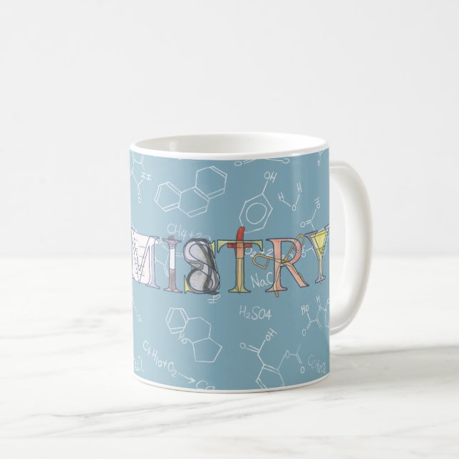 Mug Diagramme de chimie et typographie bleu (Devant droit)