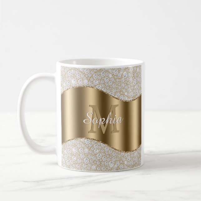 Mug Diamants, grand monogramme doré, nom en écriture b (Gauche)