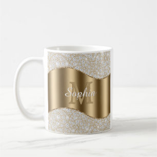 Mug Diamants, Grand Monogramme Or, Nom De Script Blanc