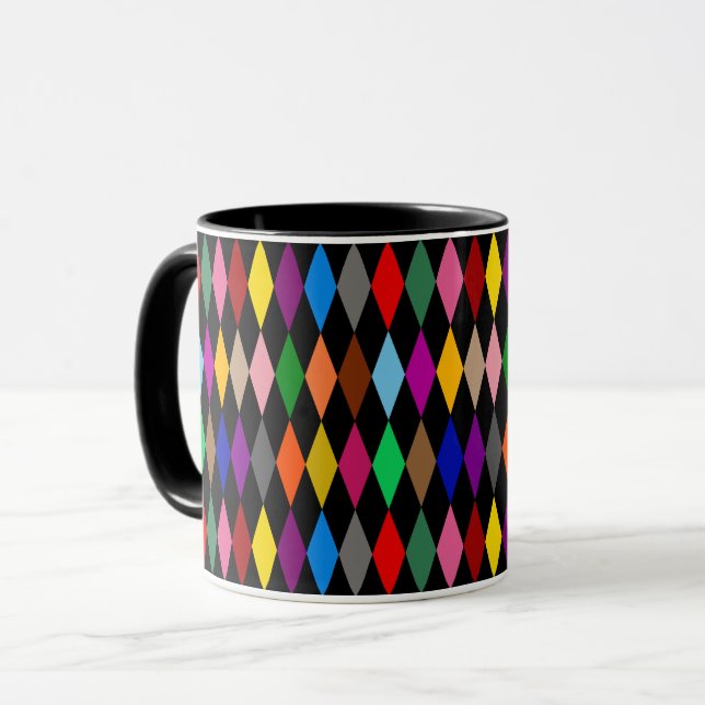 Mug Diamants Harlequin Colorés Design Noir  (Devant gauche)