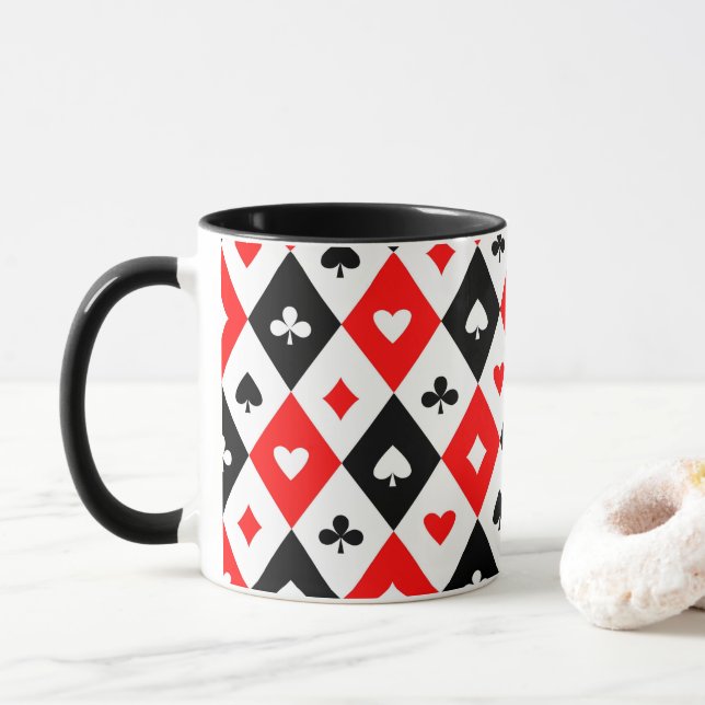 Mug Diamonds Coeurs Pique Clubs Jouer Cartes Motif (Avec donut)
