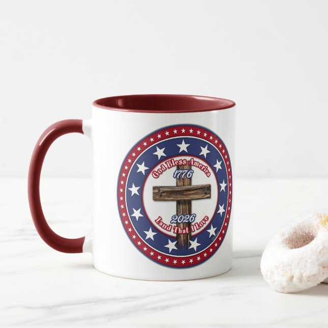 Mug Dieu bénisse l'Amérique Terre que j'aime Croix rob (Avec donut)
