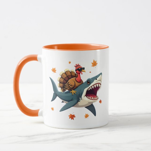 Mug Dinde chevauchant un requin drôle de Thanksgiving  (Gauche)