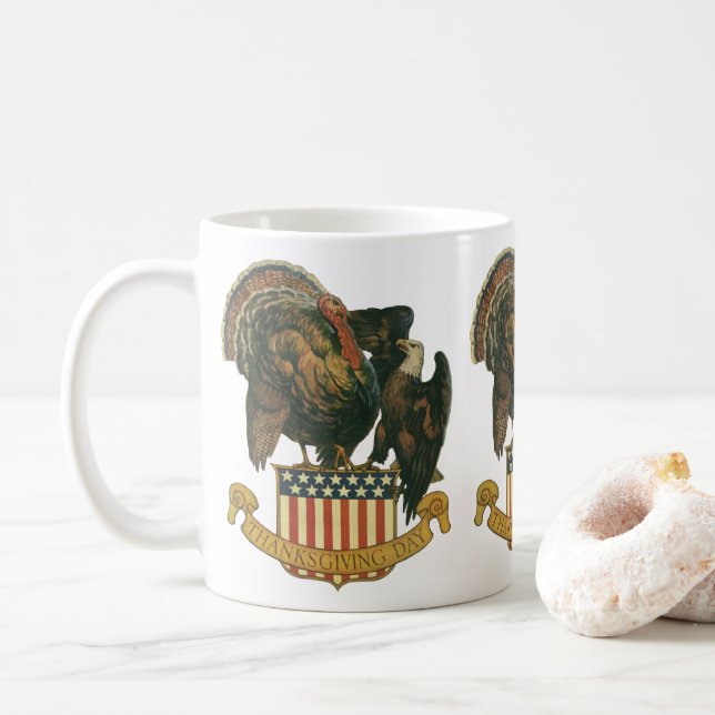 Mug Dinde de Thanksgiving vintage, aigle, drapeau amér (Avec donut)
