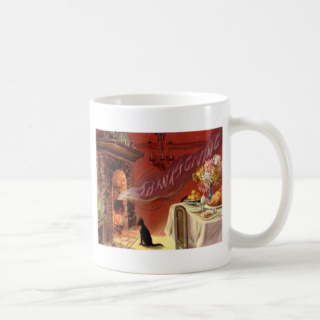 Mug Dîner de Thanksgiving Chat Noir Cheminée Dinde (Droite)