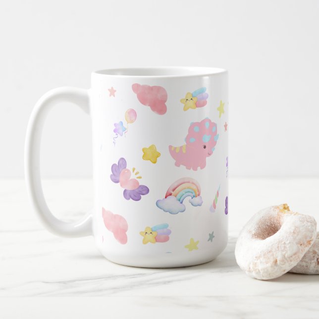 Mug Dinosaure doux rose arc-en-ciel Motif pastel (Avec donut)