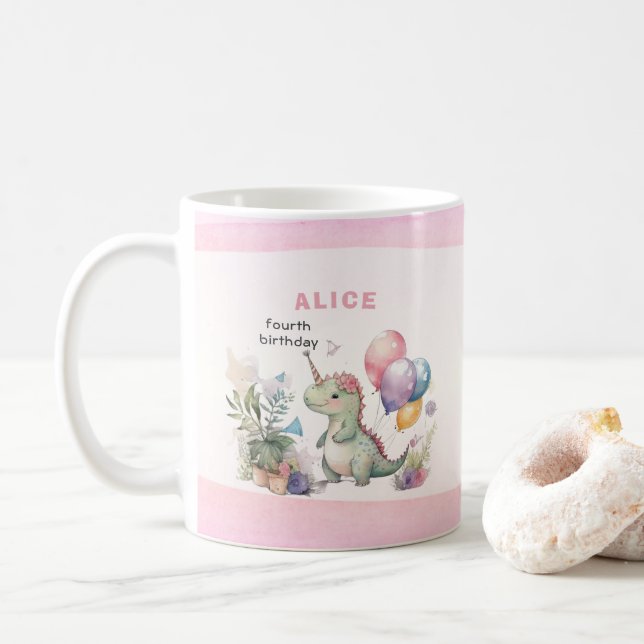 Mug Dinosaure rose Fille aquarelle Anniversaire (Avec donut)