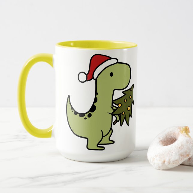 Mug Dinosaure vert mignon tenant arbre de Noël (Avec donut)