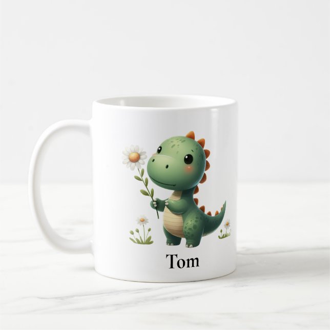 Mug Dinosaure vert personnalisé avec fleurs (Gauche)