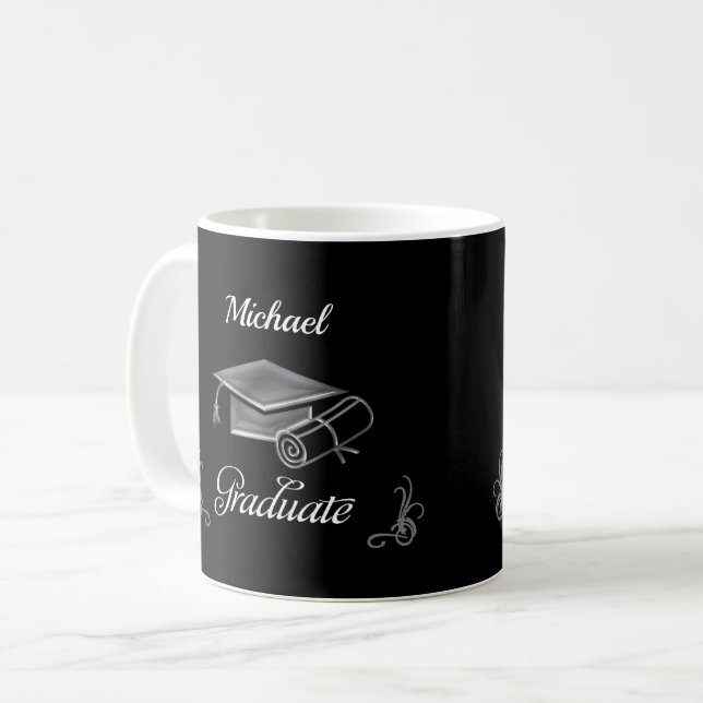 Mug Diplôme Noir & Argent, Casquette & Diplôme (Devant gauche)