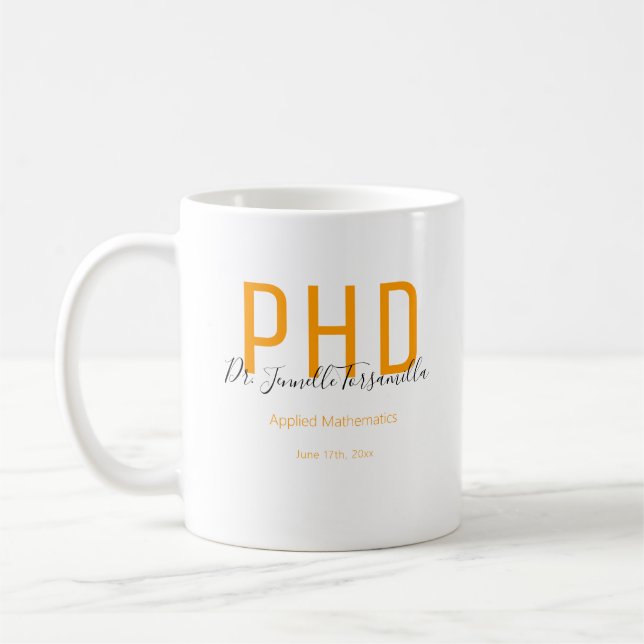 Mug Diplômé Orange Noir Date Nom Diplôme PhD (Gauche)
