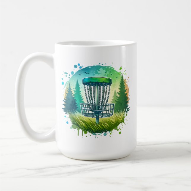 Mug Disque Golf Panier et Pins Arbres Bleu et Vert (Gauche)