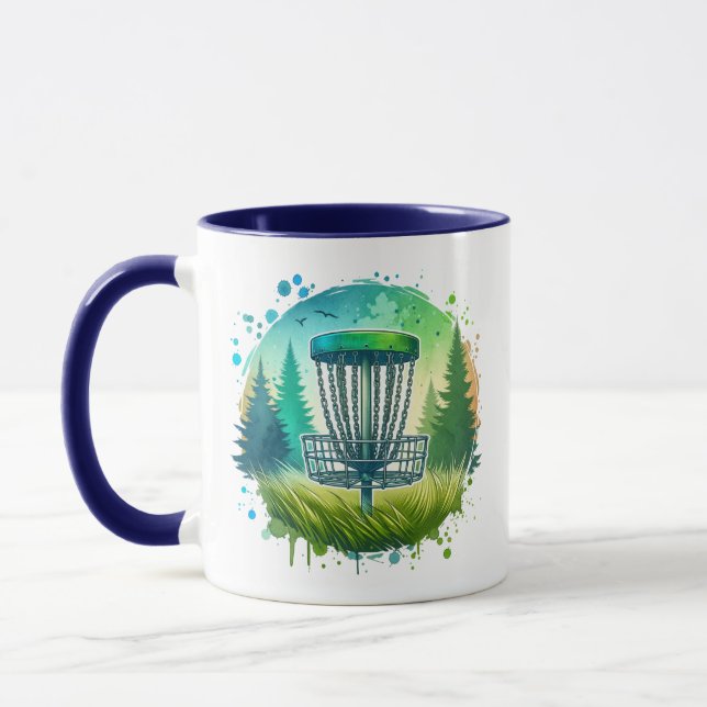 Mug Disque Golf Panier et Pins Arbres Bleu et Vert (Gauche)