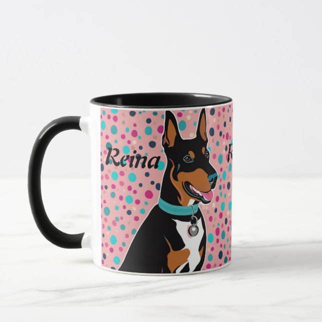 Mug Dobermann Puppy Ajouter un nom mou en rose et noir (Gauche)