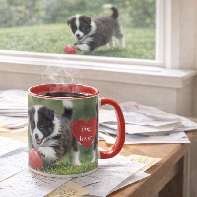 Mug Dog Lover Border Collie  (Messy desk, loyal Border Collie pup this mug celebrates real dog‑lover mornings with heart and steam)