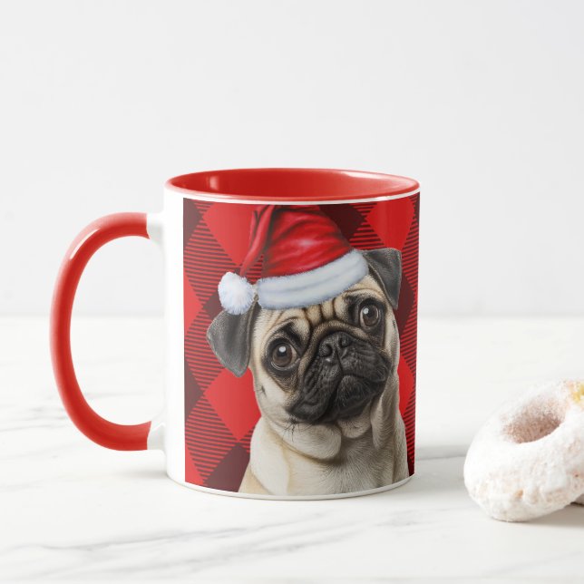 Mug Dog Lover's Pug Holiday Red Buffalo Plaid (Avec donut)
