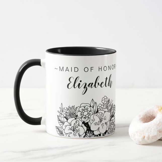 Mug DOMESTIQUE noire et blanche de bouquet d'HONNEUR (Avec donut)