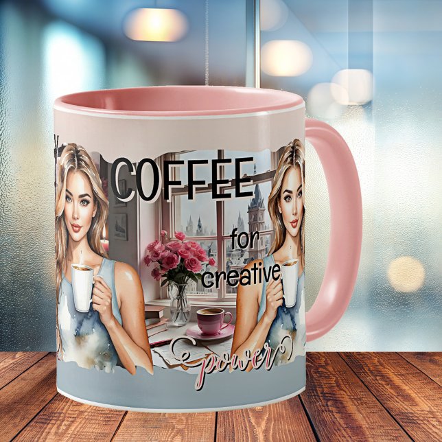 Mug Donner aux femmes un pouvoir artistique créatif (Office mug featuring a watercolor illustration of a young woman with coffee. Empowering women.)
