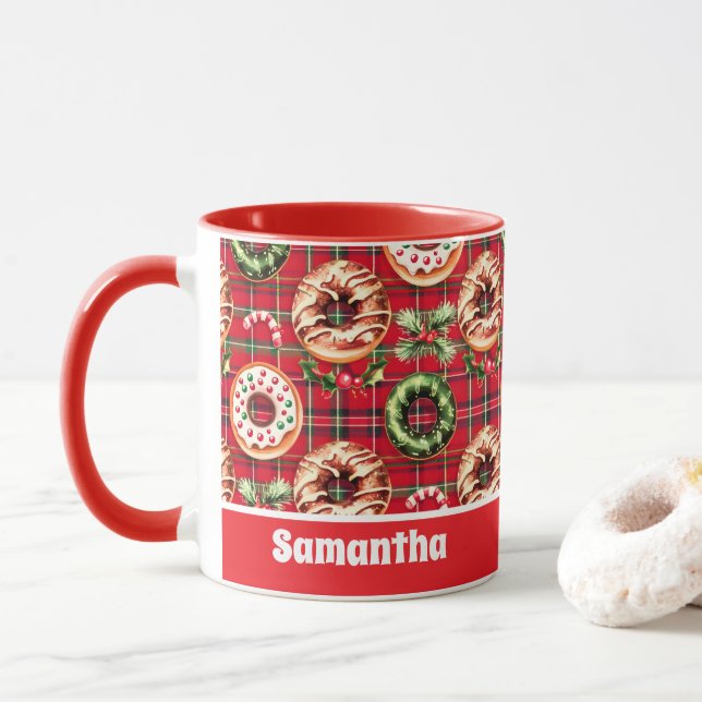 Mug Donuts de Noël Rouge Rétro Rouge Tartan Plaid (Avec donut)