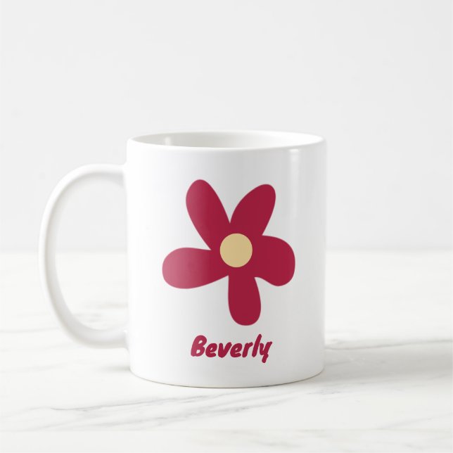 Mug Doodle de fleur rouge avec nom ou autre texte (Gauche)