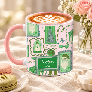 Mug Doodle de Noël vert rose dessiné à la main