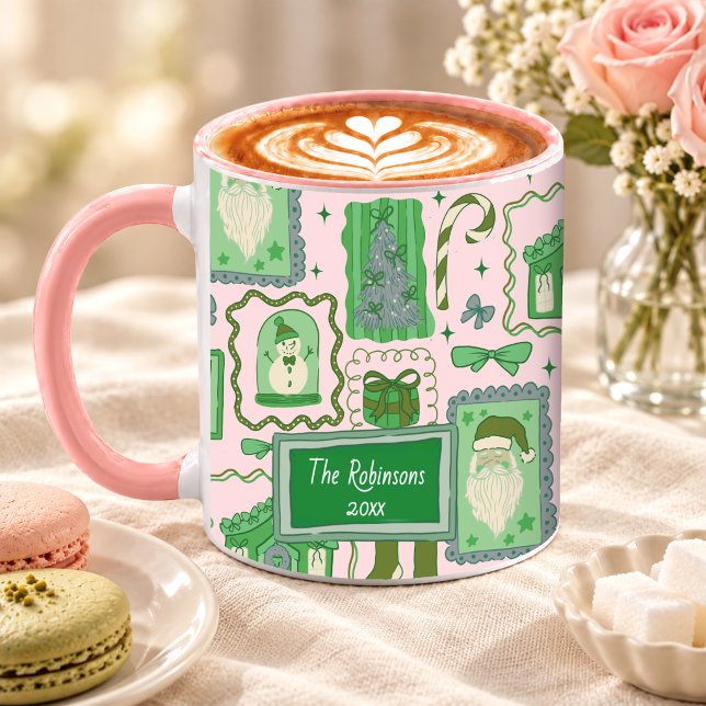 Mug Doodle de Noël vert rose dessiné à la main (Créateur téléchargé)