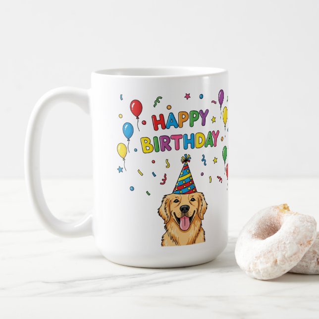 Mug Doodle Golden Retriever Doodle Joyeux anniversaire (Avec donut)