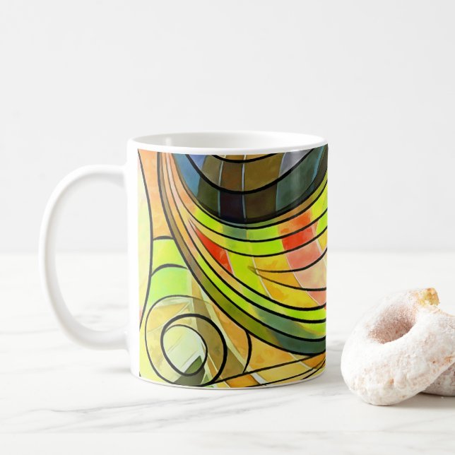 Mug Doodle jaune et brun automnal avec lignes noires (Avec donut)