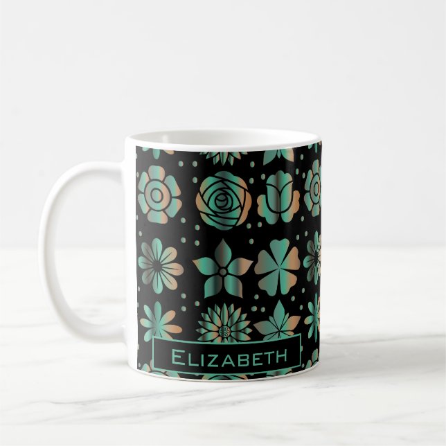 Mug Doodle vert motif floral nom personnalisé (Gauche)