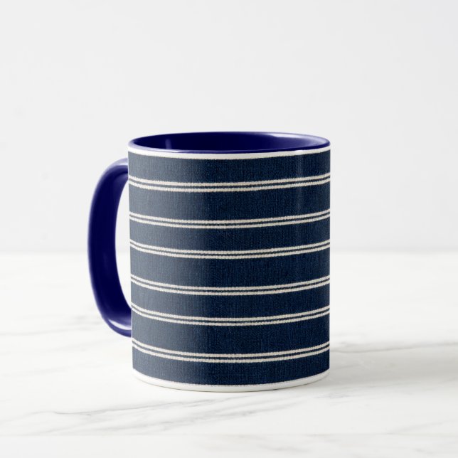 Mug Doubles Rayures Bleu Nuit Aspect Tissage Ivoire (Devant gauche)