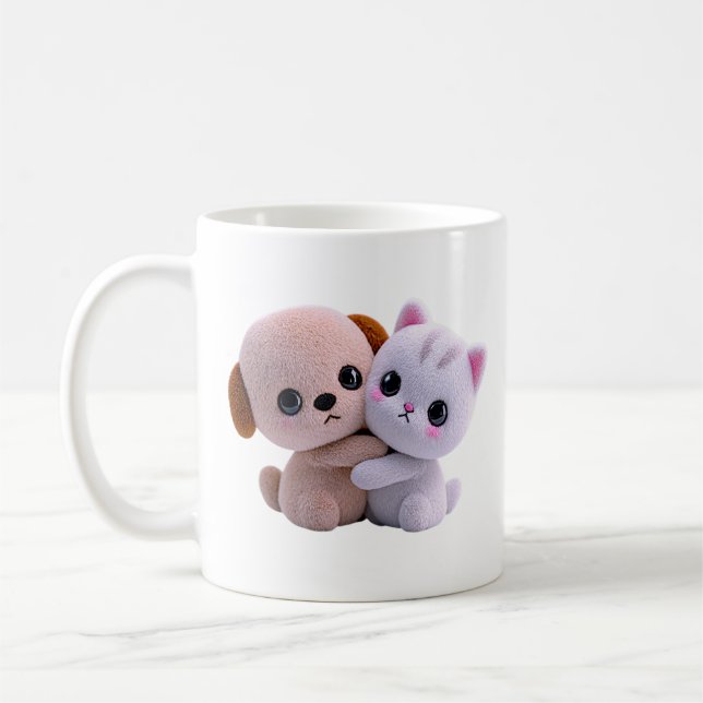 Mug Douce Étreinte de Chiot et Chat (Gauche)