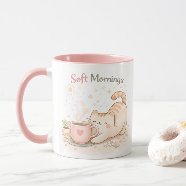 Mug Douce Matinée Kawaii Mignon Chat Café Rose Sucré (Avec donut)