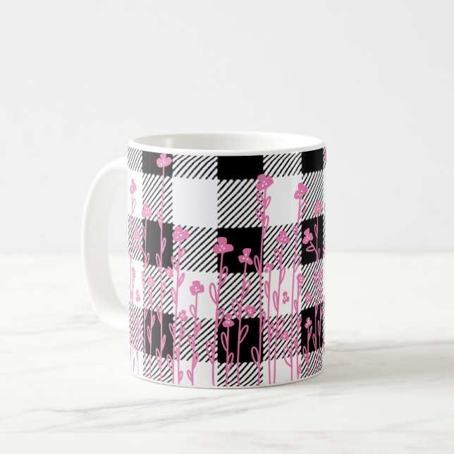 Mug Doux fleur sauvage rose mignon doodé noir blanc pl (Devant gauche)