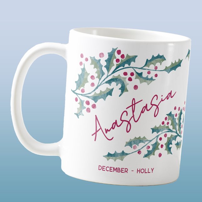 Mug Douze Naissance Fleur Nom personnalisé Houx (December birth month flower holly personalized custom script name coffee mug gift)