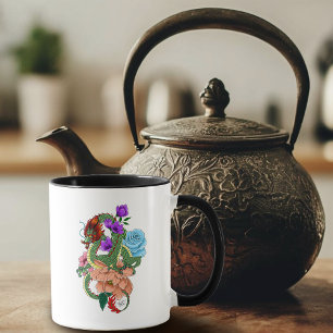 Mug Dragon Chinois Vert Mystique Floral Bleu Marine