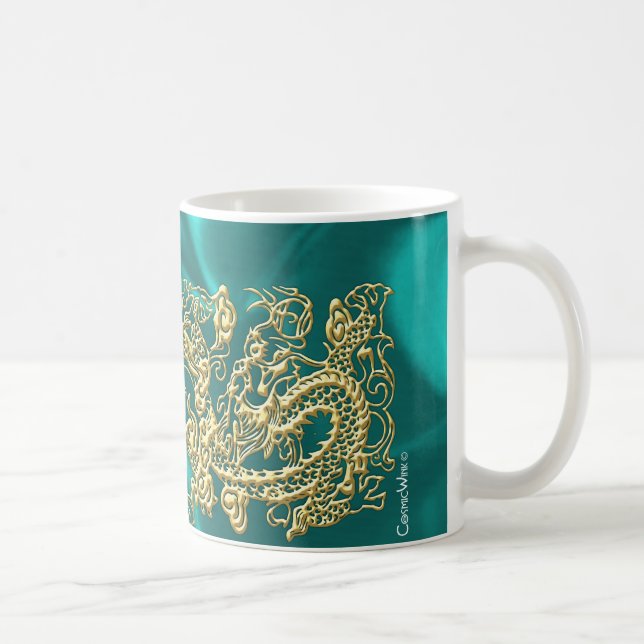 Mug Dragon d'or incorporé sur impression en satin Turq (Droite)
