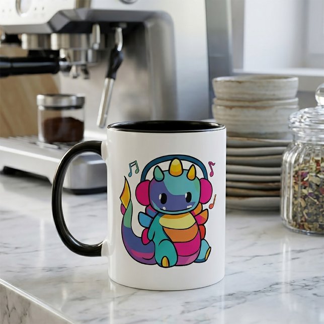 Mug Dragon heureux avec des écouteurs en train d'écout (Happy dragon with headphones listening to music. mug)