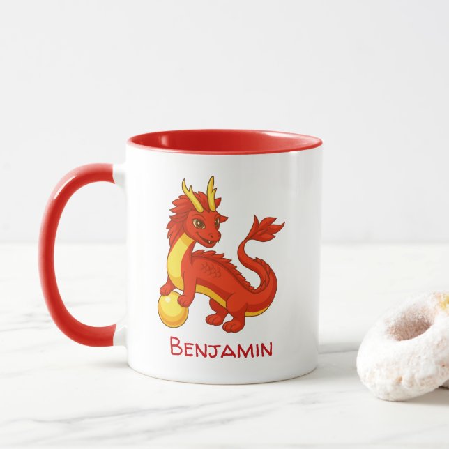 Mug Dragon Rouge Chinois Nom Personnalisé (Avec donut)