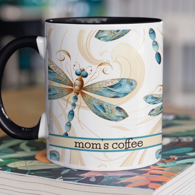Mug Dragonlies en Motif de vol en Aqua et Gold (Cute dragonfly pattern on two toned customizable coffee mug in aqua and gold for Mother's Day. )